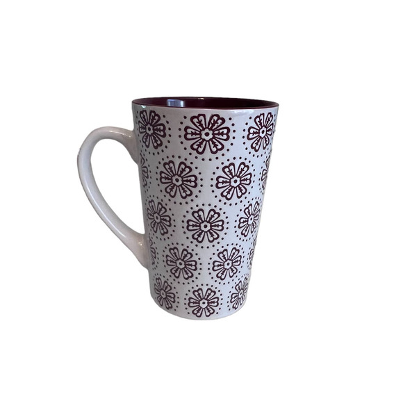 Grayson Hall Other - Graydon Hall Tall Coffee Mug Embossed Floral Maroon White Design 15 1/2 oz